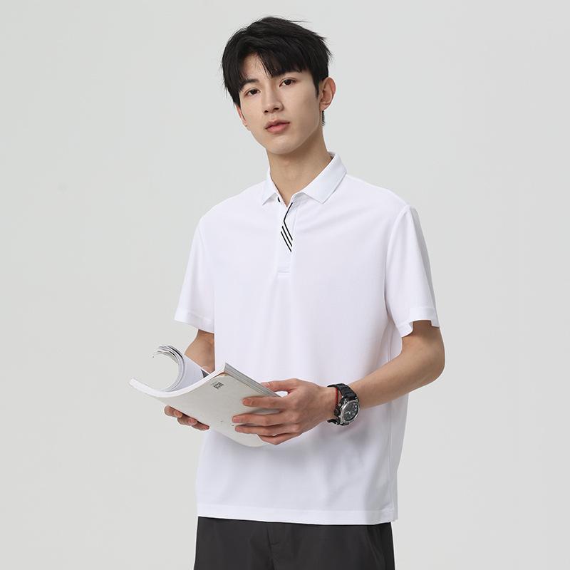 Men's White Ice Silk Short Sleeve Polo Shirt - Striped Placket Casual Business Formal Summer Top