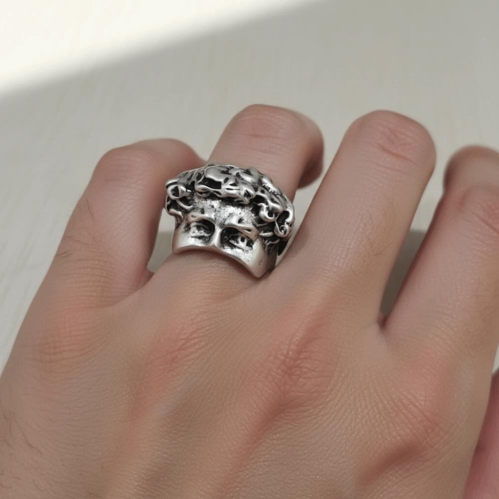 Metal Silver Color Mystical Masked Face Ring Adjustable Goth Style Ring Open Rings Evening Dinner