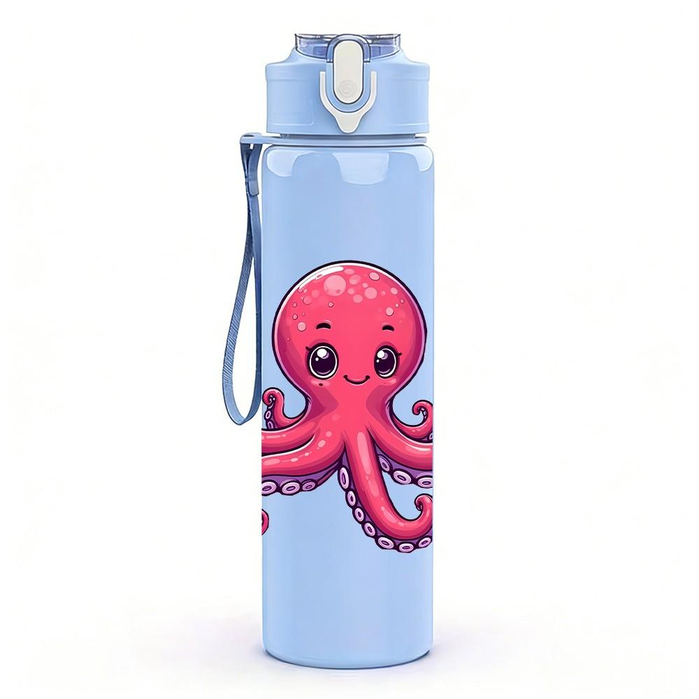 1PC Pink Octopus Ocean Animal Pattern 750ml Color Plastic Sports Water Bottle Leakproof Flip Straw Lid Suitable for Sports Office Home Use