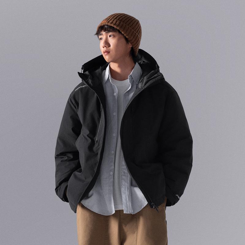 Li Ning CF Suo Red Velvet Hot Pot Down Jacket Water Resistant Solid Color Duck Down Warm Hooded Loose Short Sleeve Men Jacket Black AYMU221-5