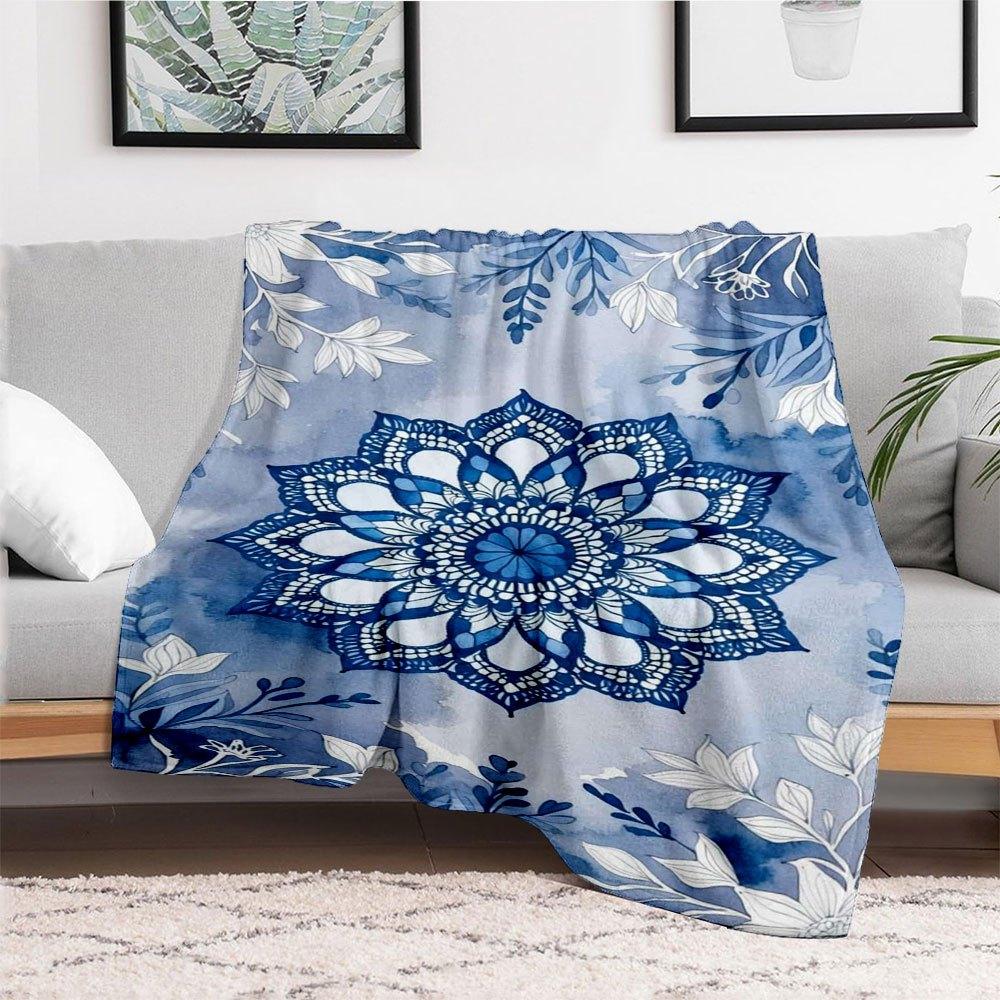 Blue and White Floral Mandala Phone WallpaperBlanket Flannel Throw Blanket for Sofa, Bed, Travel, Camping, Office, Couch, Chair, And Bed Gif
