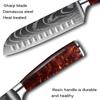 7inch Damascus Pattern Kitchen Knives Japanese Santoku Knife Meat Cleaver Fruit Slicing Knife Utility Knives Red Resin Handle