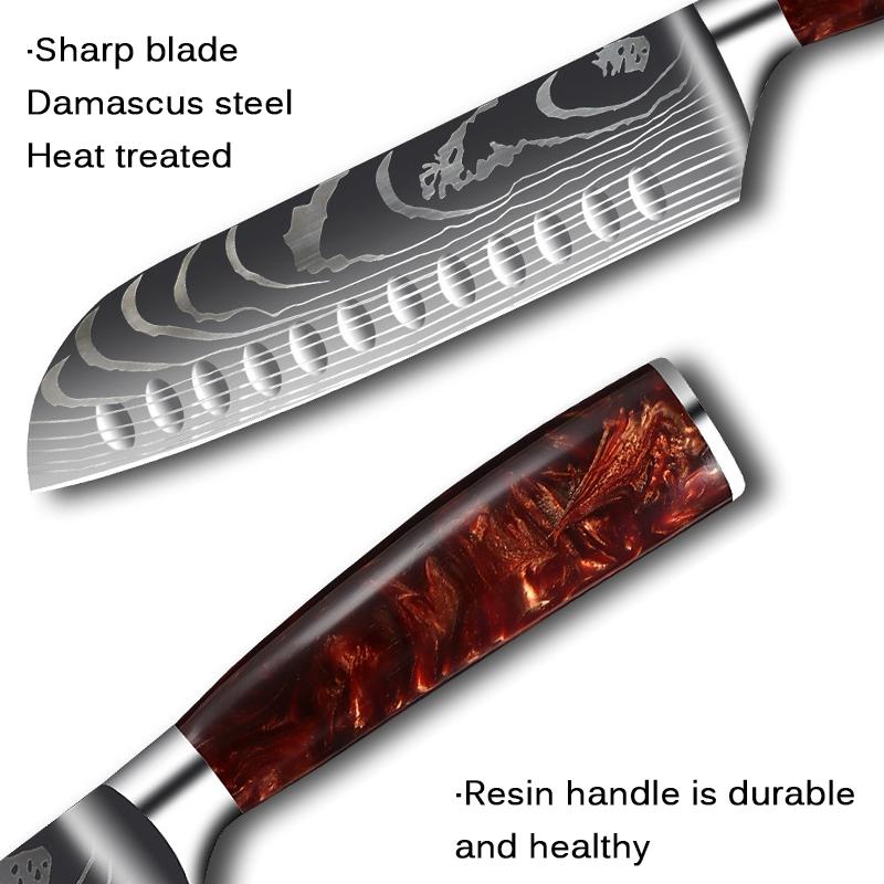 7inch Damascus Pattern Kitchen Knives Japanese Santoku Knife Meat Cleaver Fruit Slicing Knife Utility Knives Red Resin Handle