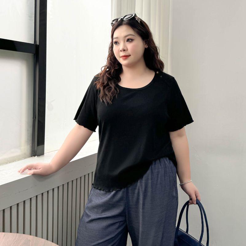 

Plus size women clothing [Full Score Skin-friendly T] Korean Series Leisure Design Sense Short sleeve T-shirt Summer Chubby Girl Belly Covering Top Night Sky Black 3XL