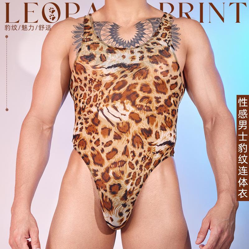 Men Leopard Bodysuit Snap Crotch Mesh Tank Top One Piece Leotard See Through Thong Sissy Lingerie Gay Club Wrestling Singlet