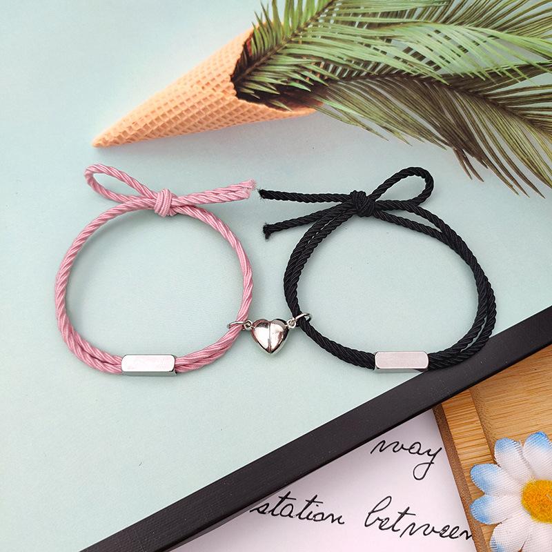 Elastic Heart Magnet Attraction Couple Bracelet Set 2 Pack Matching Rope Bracelets for Men Women