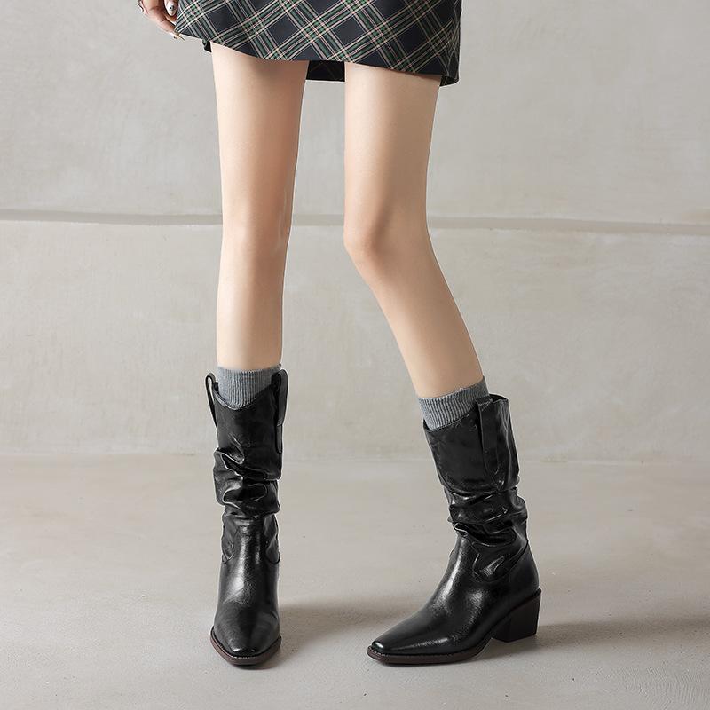 

Maillard soft leather short boots women s autumn and winter boots stacking boots medium boots knight boots thick heel western cowboy boots 42 чёрный