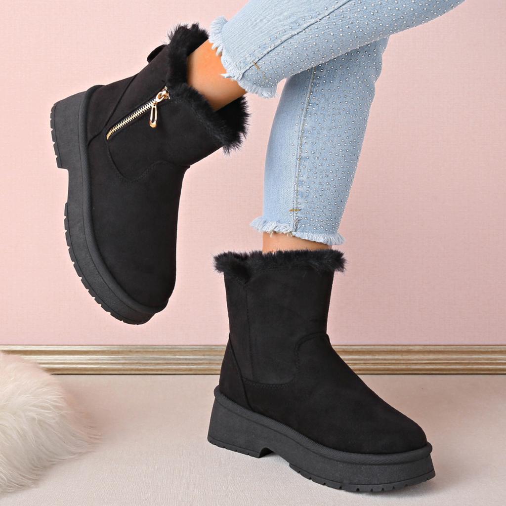 Faux Suede Fluffy Side Zipper Snow Boots Women  Winter Warm Fur Platform Ankle Boots for Women Cozy Non Slip Cotton Shoes
