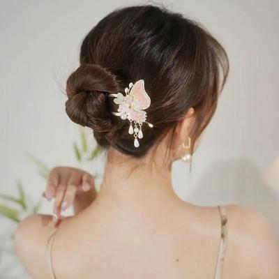 Elegant Pearl Tassel Hair Stick Vintage Butterfly Flowers Hairpin U Shape Hair Fork  Women