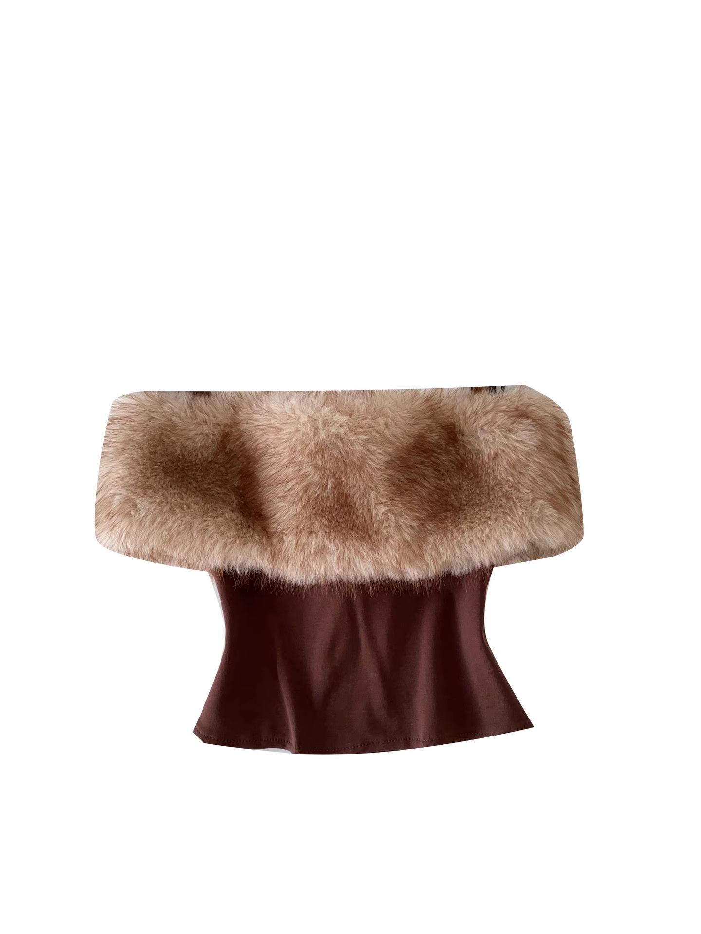 Women s Sexy Fur Patchwork One-Shoulder Camisole: Autumn/Winter Inner & Outer Wear Medium белый