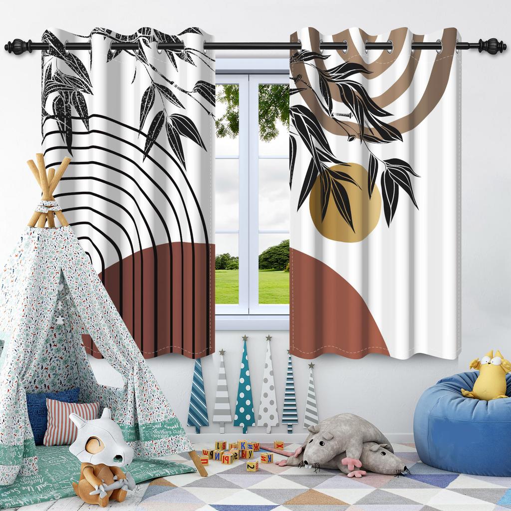2Pcs Bohemian Style Curtains Plants Leaf Geometric Pattern Blackout Curtains Boho Window Curtain for Bedroom Apartment Decor