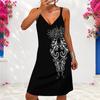 Women Plus Size V Neck Double Straps Sleeveless Printed Black Mini Dress