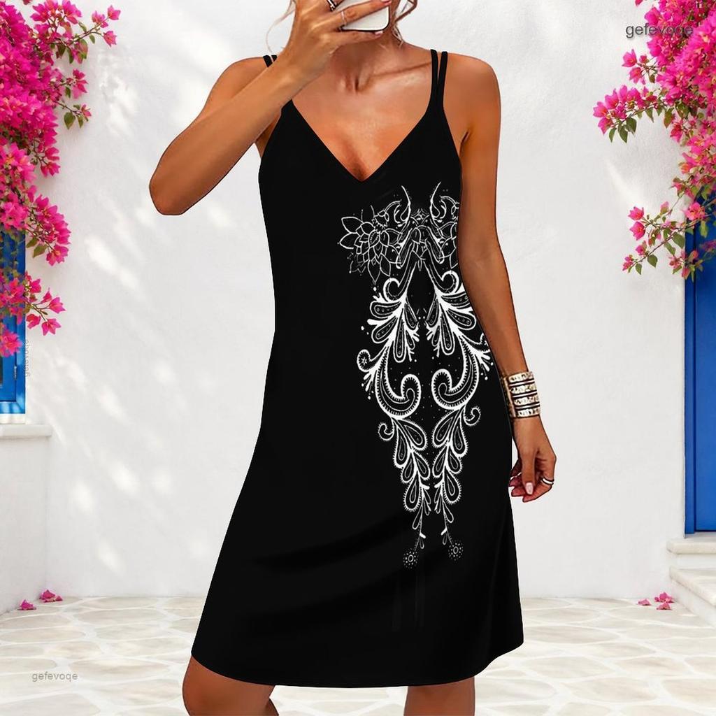 Women Plus Size V Neck Double Straps Sleeveless Printed Black Mini Dress