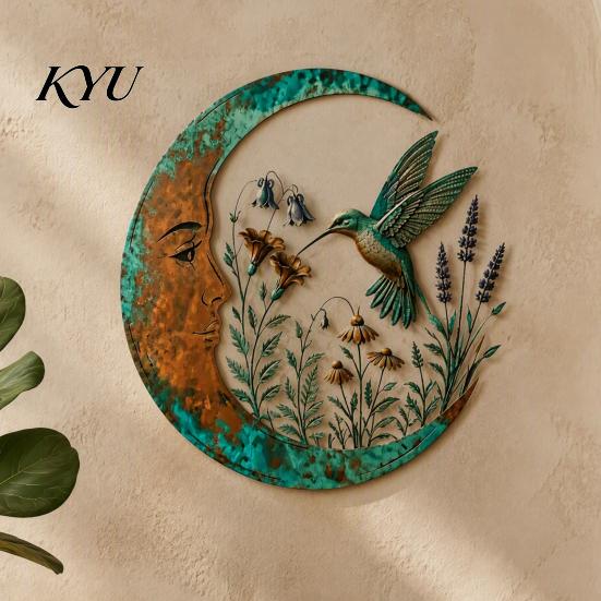 Indoor Outdoor Yard Ornaments Vintage Crescent Moon Wall Art, Fairy Witch Bee Dragonfly Iron Hanging Floral Metal Fence Accent Decor, Sculpture