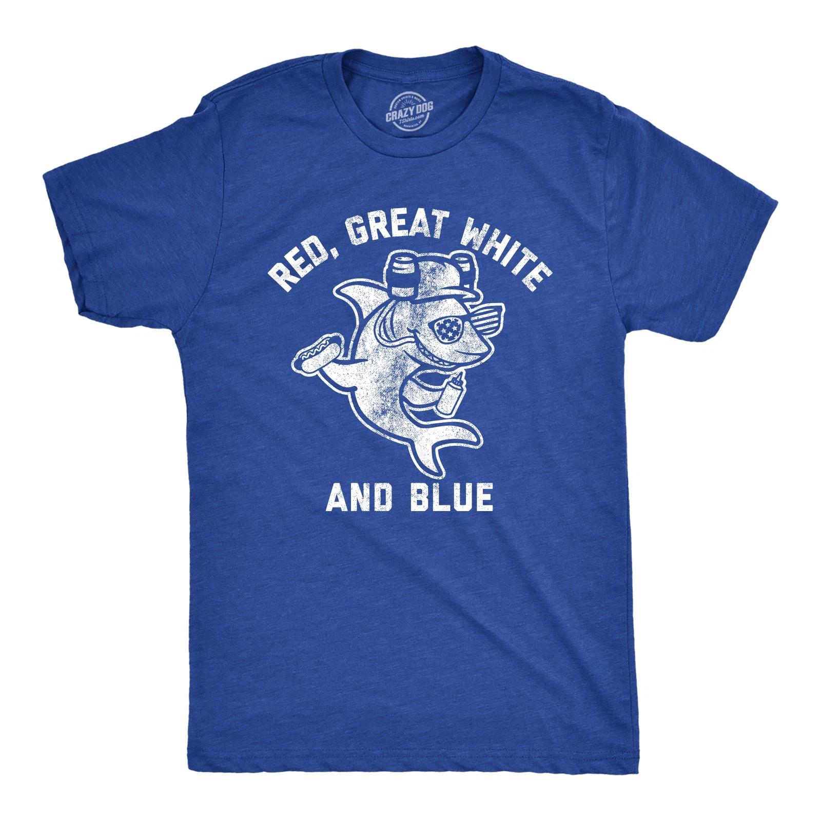 Mens Red Great White and Blue T Shirt Funny 4th Of July Shark USA Patriotic XS