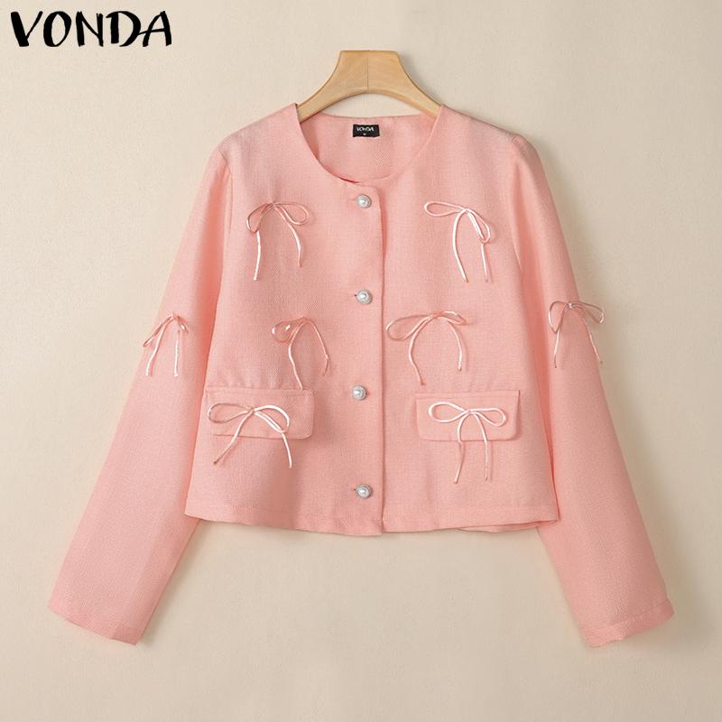 VONDA Women Autumn Round Neck Tied Long Sleeve Solid Color Jackets