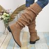 Fashion New Style Popular Pleated Boot Women Faux Suede Flock Knee High Boots Winter Women Fashion Slip On Square Low Heel Knight Boots