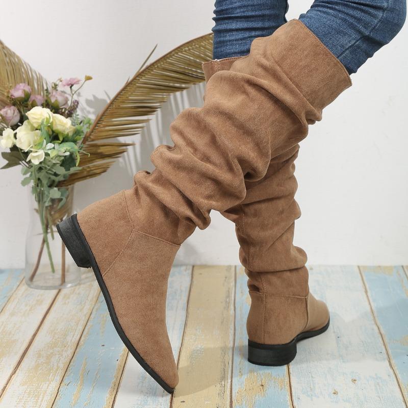 Fashion New Style Popular Pleated Boot Women Faux Suede Flock Knee High Boots Winter Women Fashion Slip On Square Low Heel Knight Boots