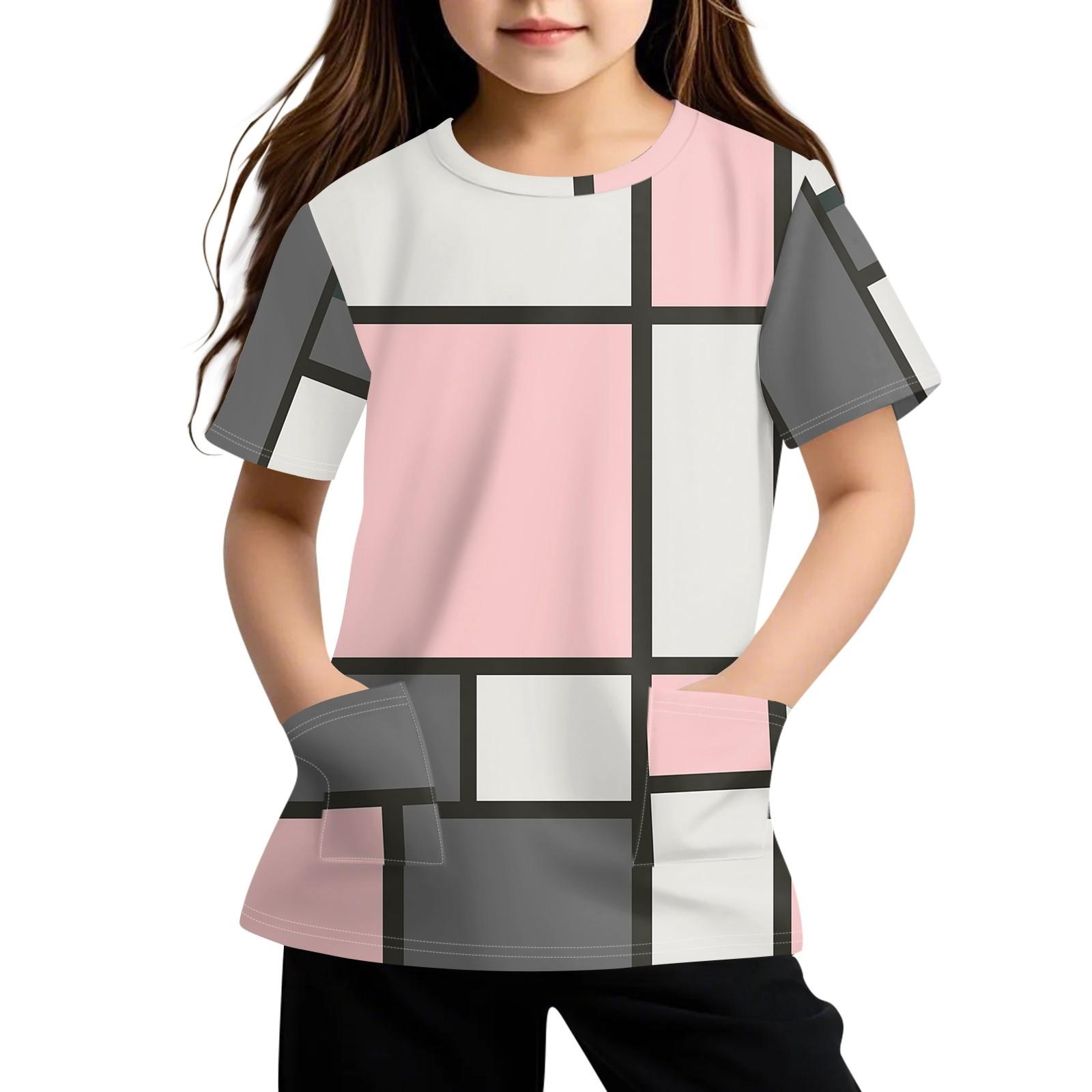 

Детская футболка с короткими рукавами и карманами, повседневная футболка с принтом, круглый вырез, блузка-пуловер 130 розовый