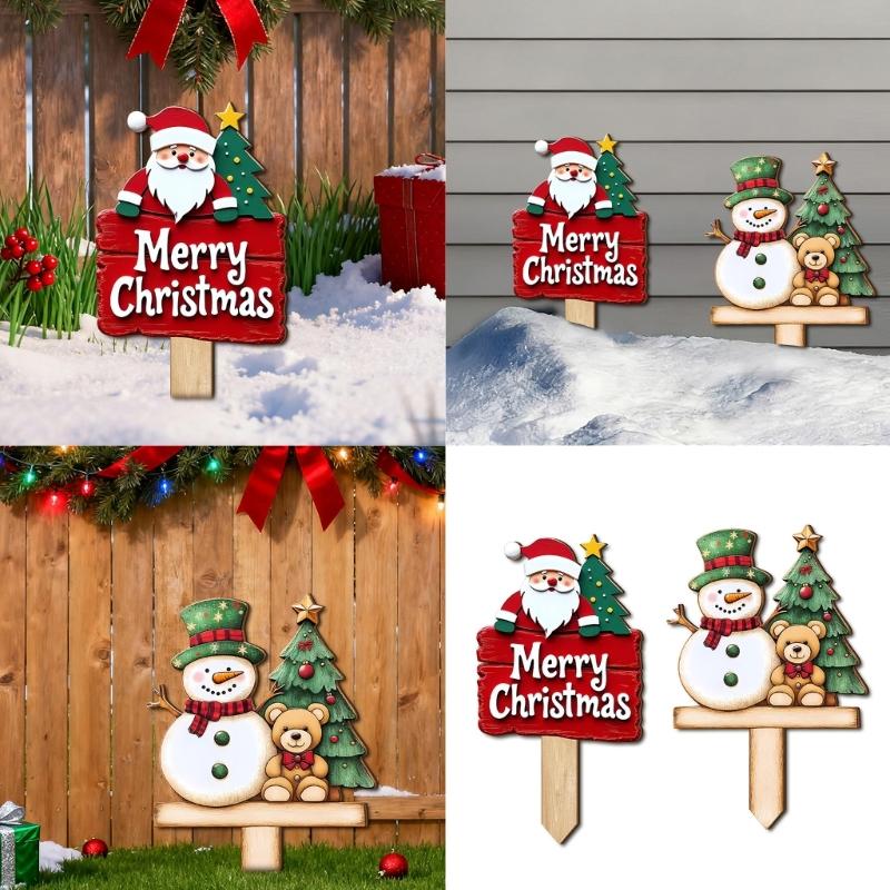 Santa Snowman Holiday Yard Stake Handcrafted Wooden Door Plaque For Seasonal Celebration Party Decoration