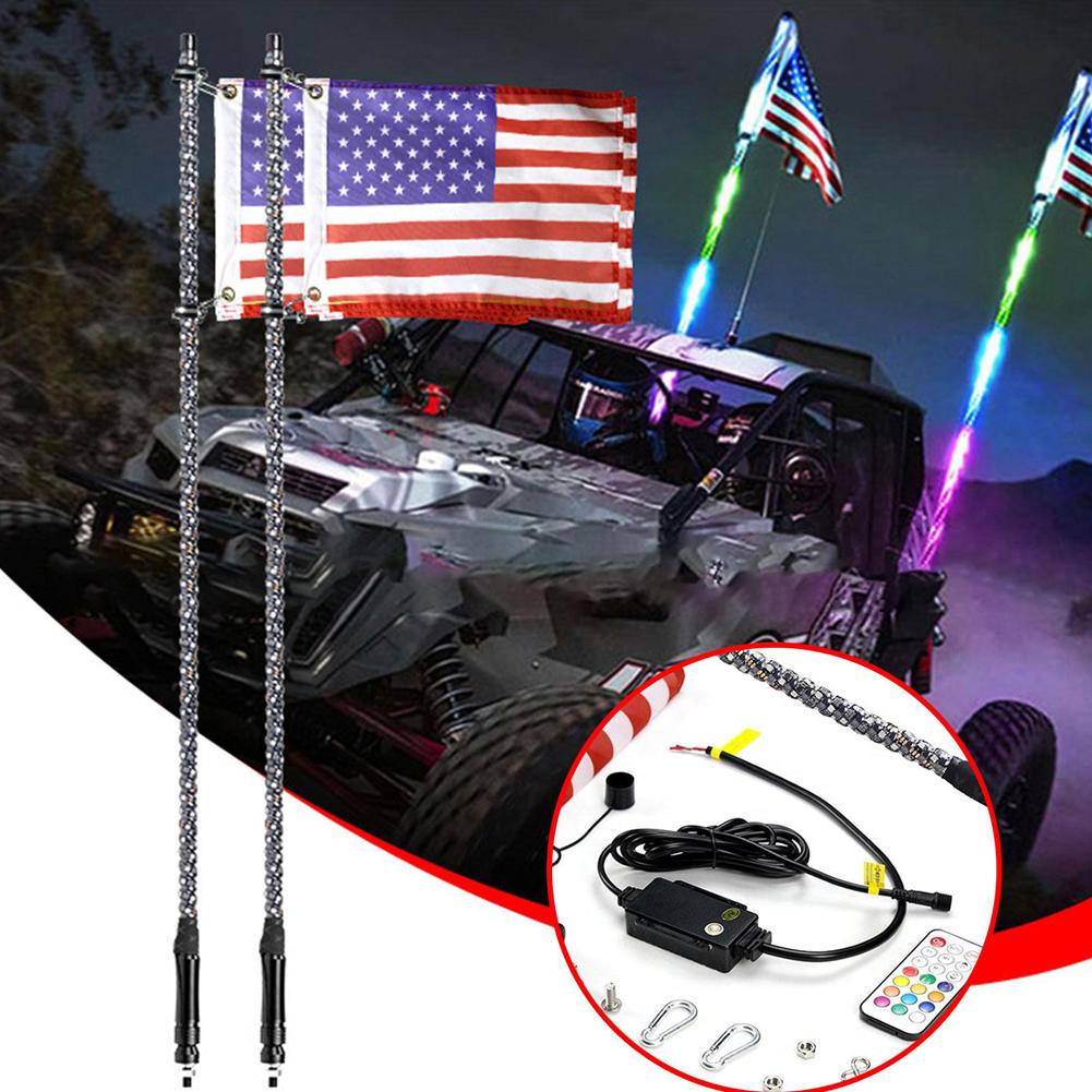 2FT 63 Modes LED Flag Pole Light with Flag Car Decoration Antenna Lamp RGB Off-Road Remote Control Spiral LED Whip Light