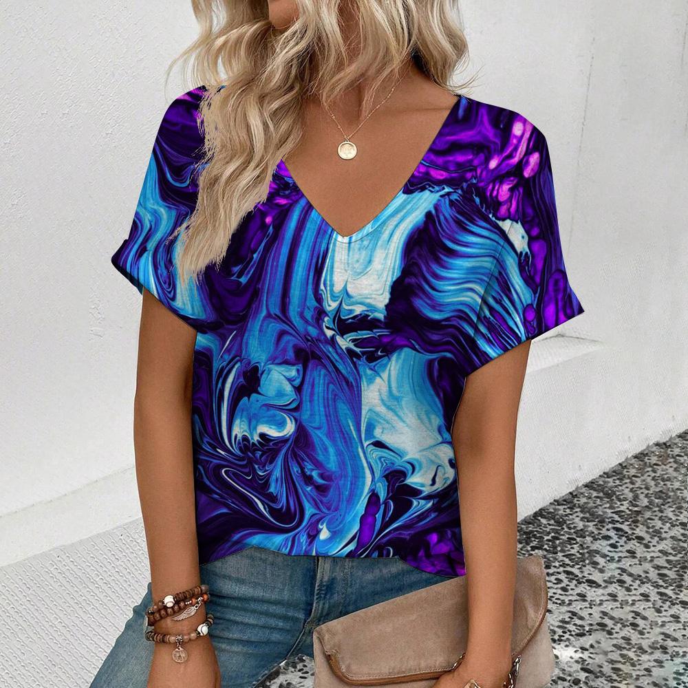 Women'sshort Sleeve V-Neck T-Shirt Colorful Tassels Pattern T-Shirt Fashion Casual Women's Elegant Comfort Large Size T-Shirt