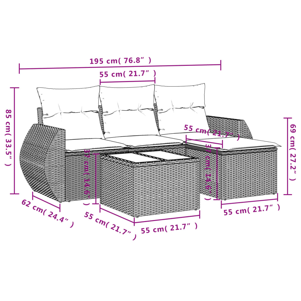 Vidaxl 5-Cz. Conjunto de Muebles de Jardín con Cojines, Marrón, Ratán Sintético