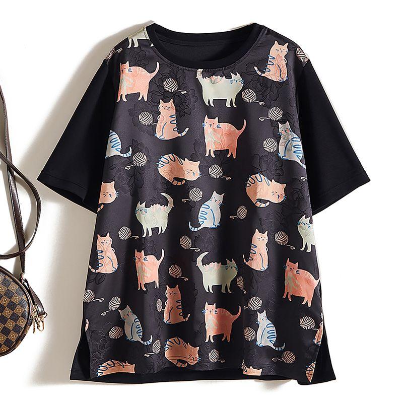 

Double-Sided Fabric! Satin Silks and Satins Mixed Air Cotton round Neck Meow Star Girls Age-Reducing Large Version Inclusive T-shirt Long Summer Black L