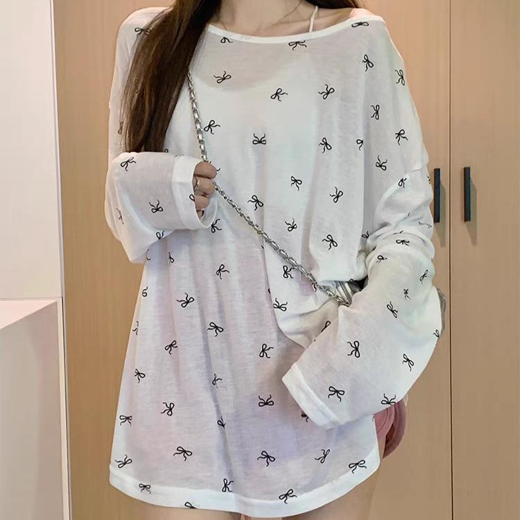 2025 Summer Bow Print Long Sleeve T-shirts for Women's Casual Loose and Thin Slightly Transparent Sun Protection Cover Top White Black T Shirt