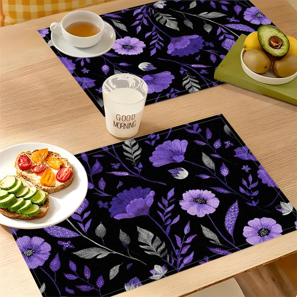 4pcs 2D FLAT Digital Print Placemats, Purple Floral Branch and Leaf Pattern, Enhance the Beauty of Your Dining Area, Perfect for Coffee Tables, Dining