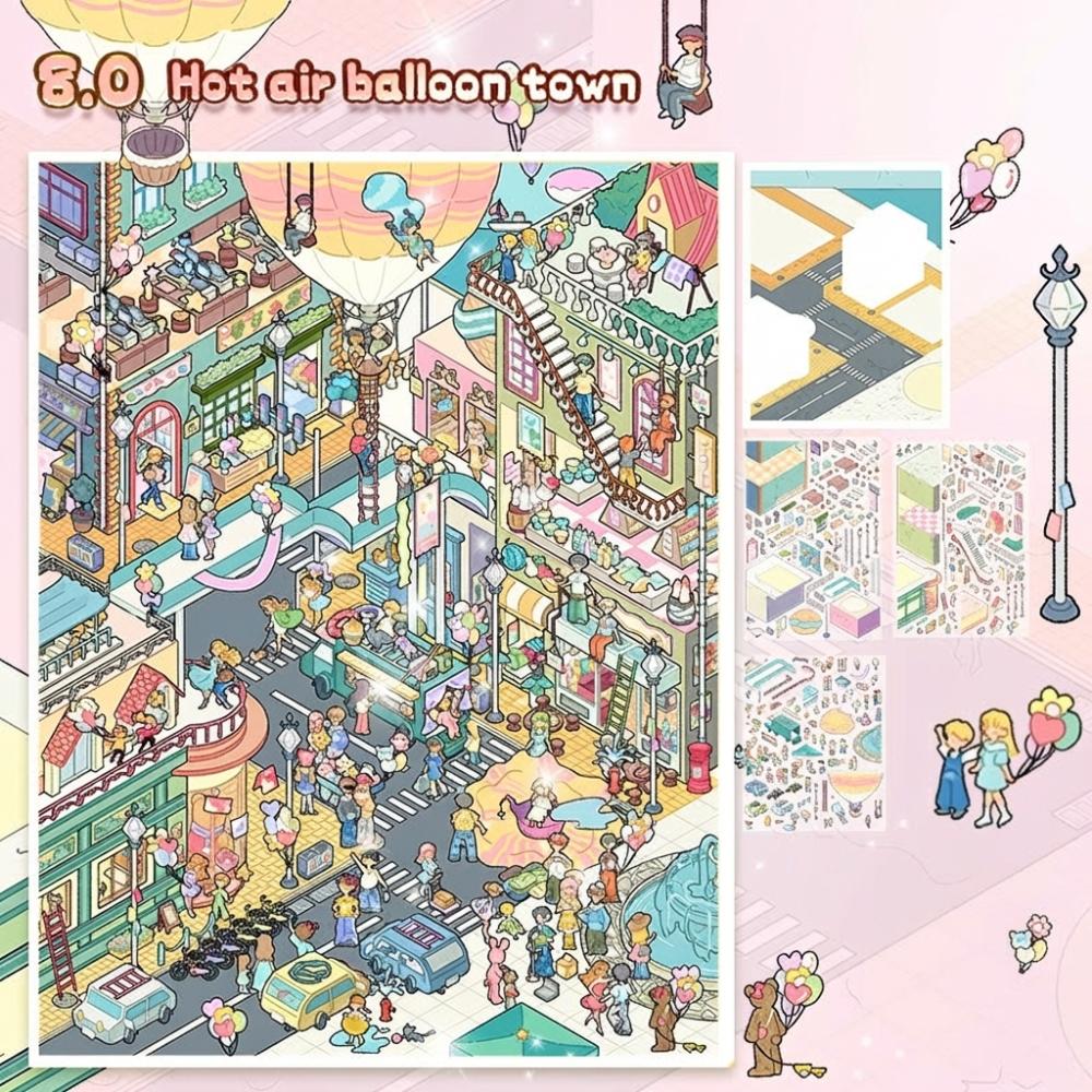 DIY Miniature Landscape Sticker Small Courtyard Life Series Cabin Scene Sticker Toy Game Stickers Hot Air Balloon Town