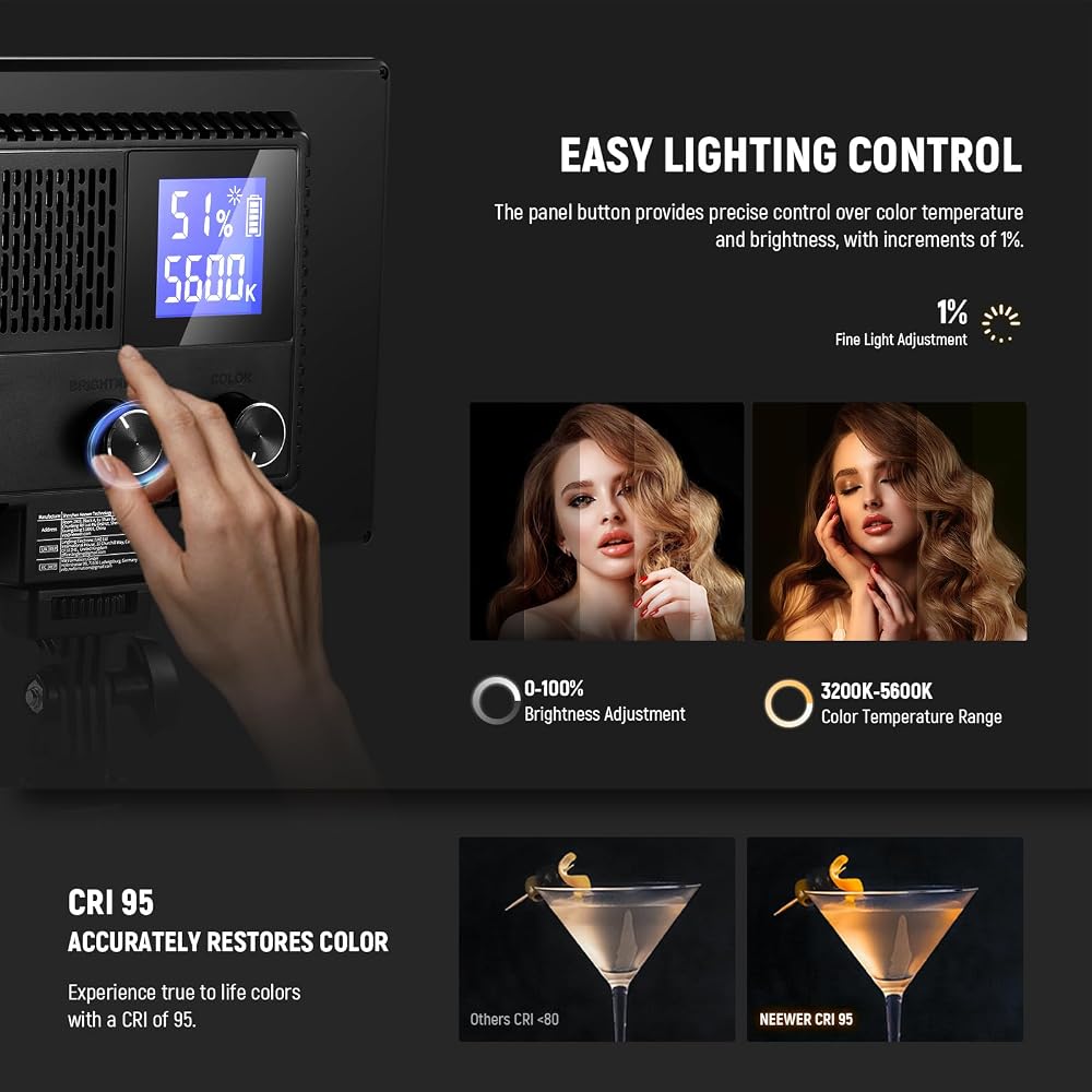 NEEWER 9-inch LED Video Light, Camera Light, Photography Light, Selfie Light, Panel Light, Adjustable Brightness 3200K~5600K CRI95+ 600Lux, 4000mAh Ba