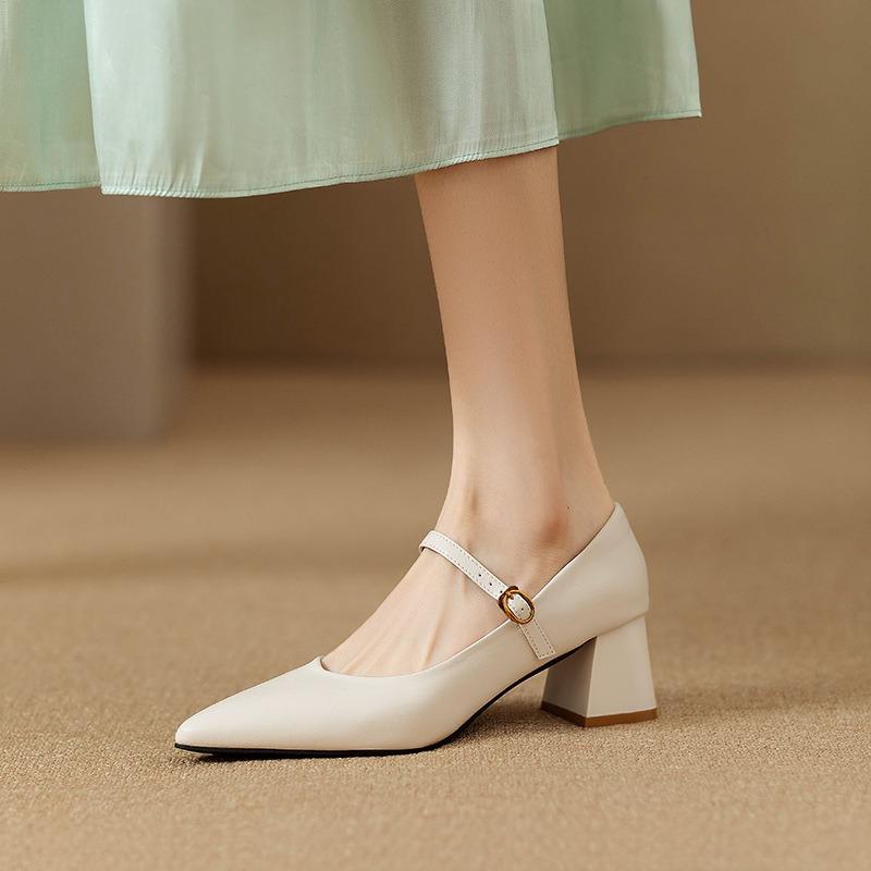 New retro elegant Mary Jane shoes women's soft leather pointed thick heel with light mouth high heel single shoes