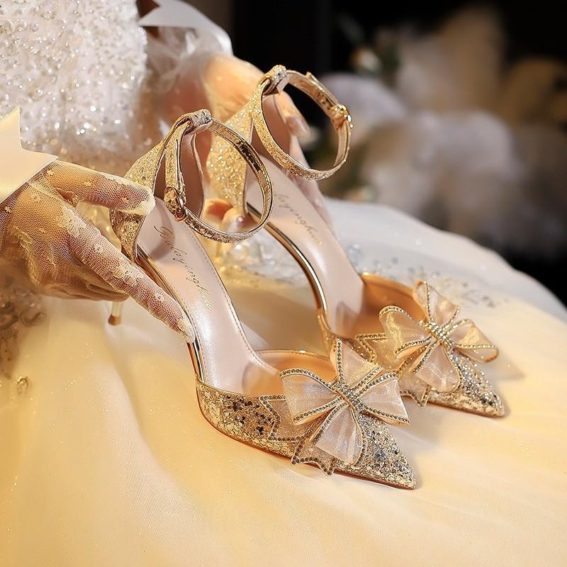 High heels women's summer 2025 new one-word with bow beautiful wedding shoes pointed head shallow mouth stiletto sandals women