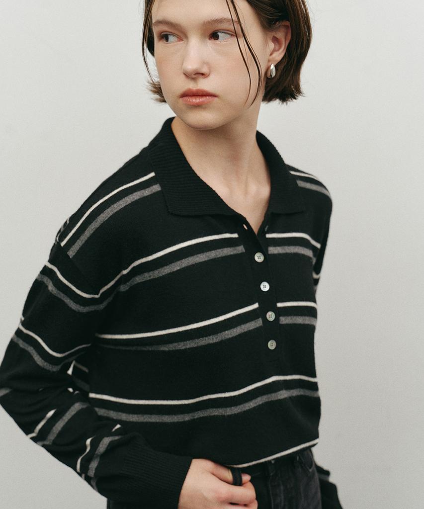MAKE A TOAST Striped Collar Knit Black Mbefnt003Bk