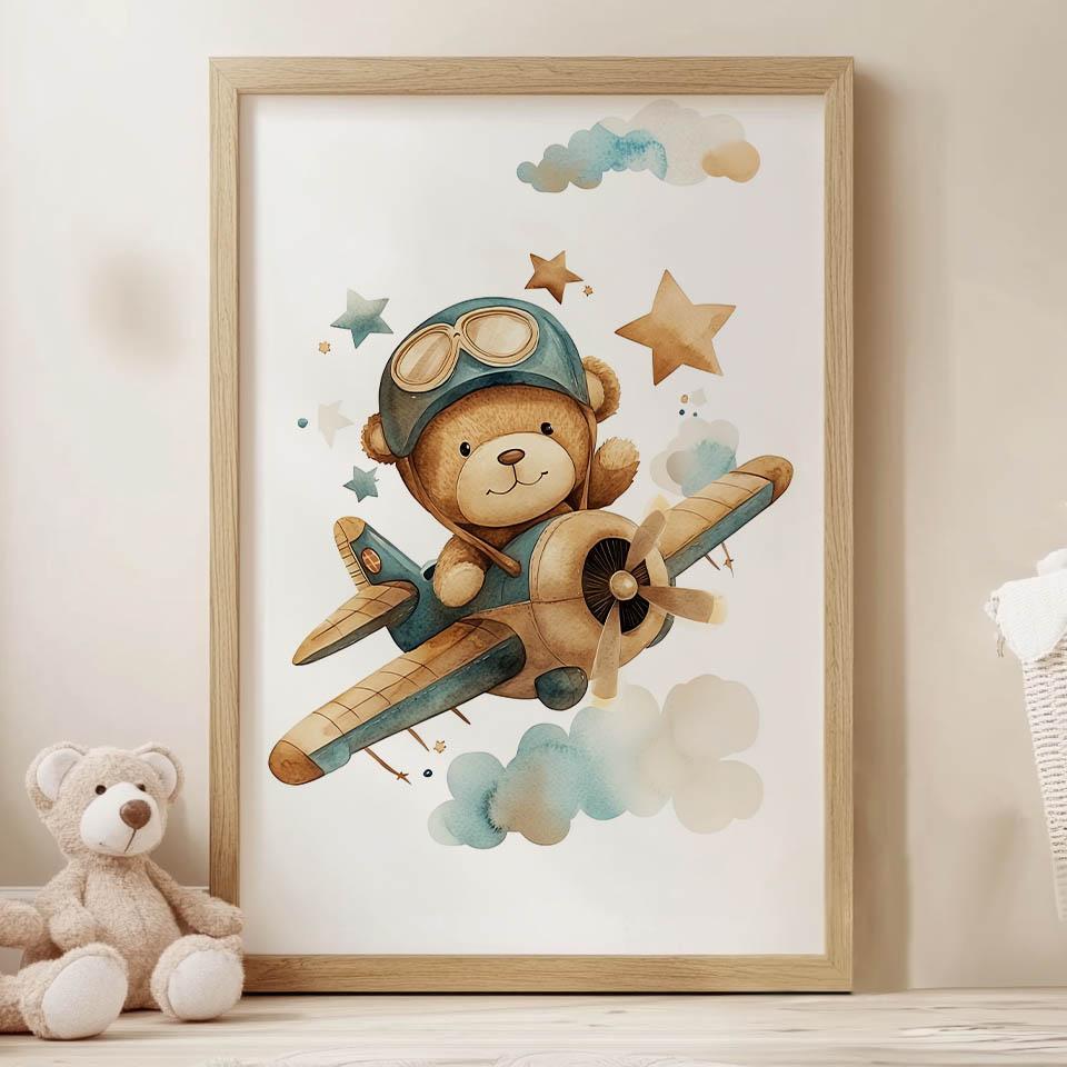 Plakat Latający Miś Pilot Plakat Latający Miś Pilot, 70X100 Cm, Rama Aluminiowa Czarna, Papier Matowy 230 Gsm