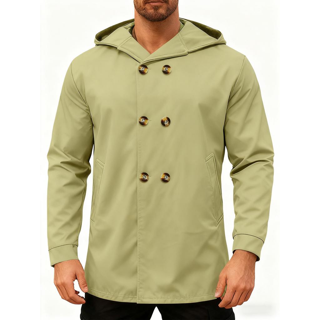 Men's Hooded  Mid Length Trench Coat Hoodie Jacket Double Breasted Suit Casual Windbreaker Outwear