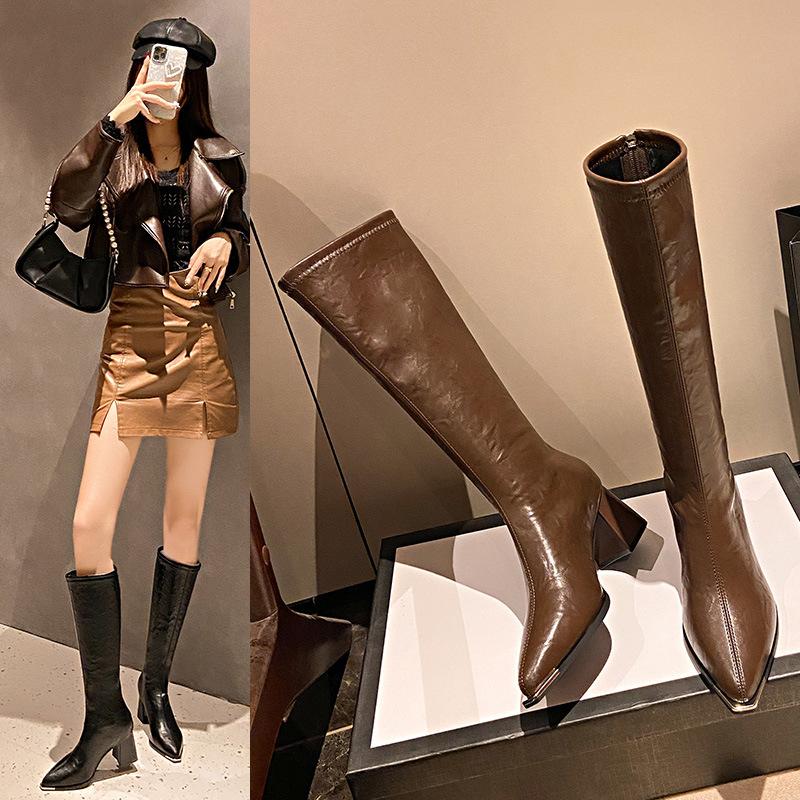 High boots 2025 new spring and autumn shiny boots children's long boots pointed toe thick heel high-heeled knight boots