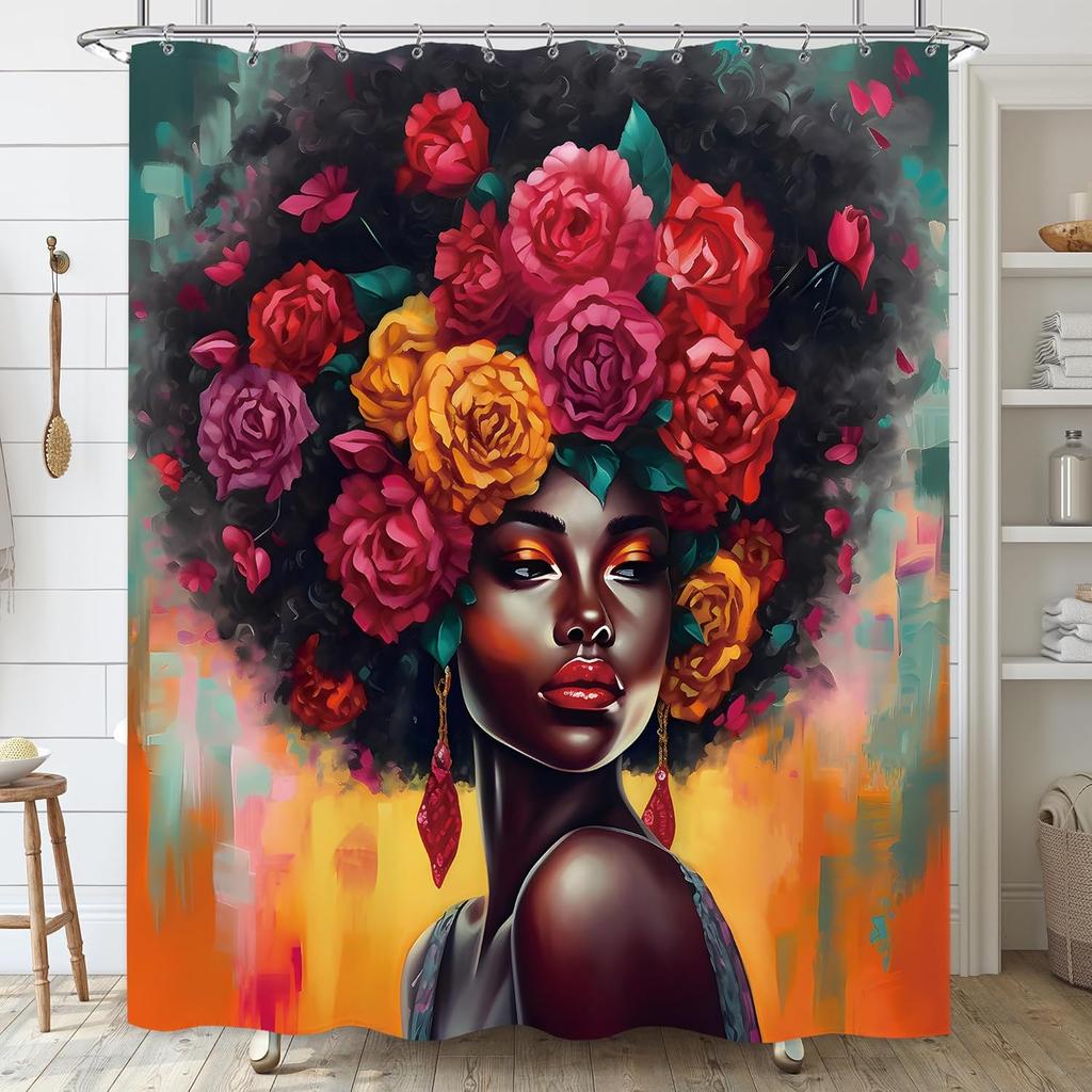 Afroamerikanisches schwarzes Mädchen Duschvorhang Rose afrikanische Blume Farbe wasserdicht Badewanne dekorativer Duschvorhang mit Haken