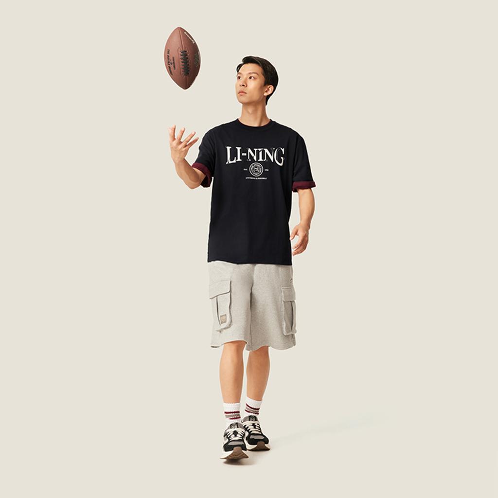 Li Ning Sports Trend Series Letter Round Neck Breathable Versatile Loose Short Sleeve T-Shirt Men Tops Black AHSV483-4