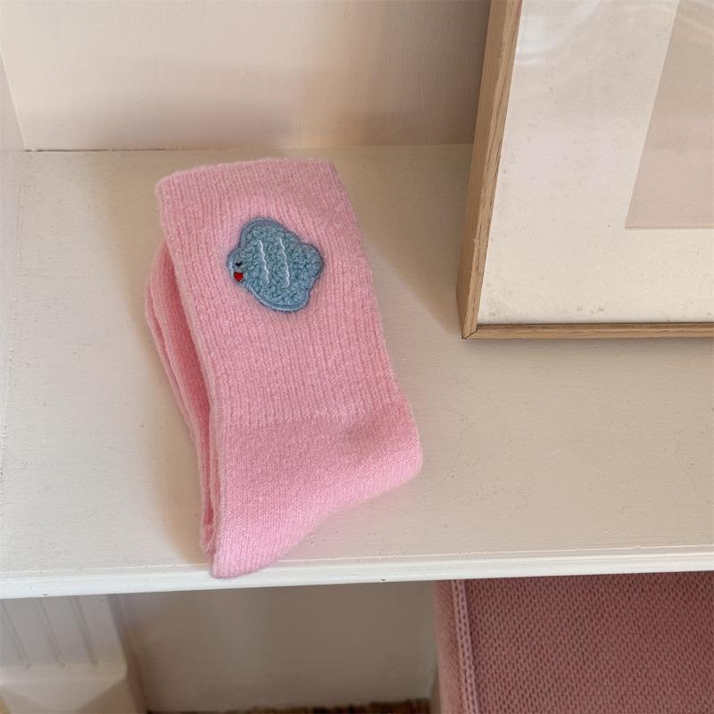 Thickened Wool Socks for Winter Warmth, Cute Cartoon Embroidered Mid-calf Socks, School-style Women's Socks, Dui Dui Socks