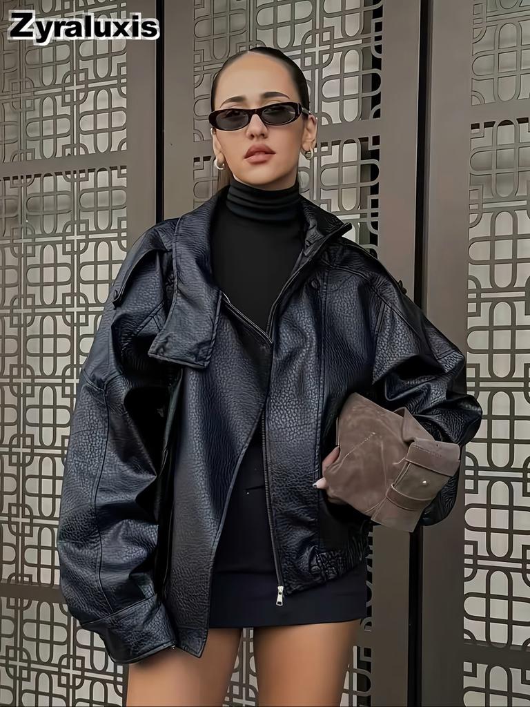 Nueva Chaqueta de Cuero para Mujer, Blazer Corto Holgado Estilo Motero de Cuero PU para Moda de Primavera/Otoño
