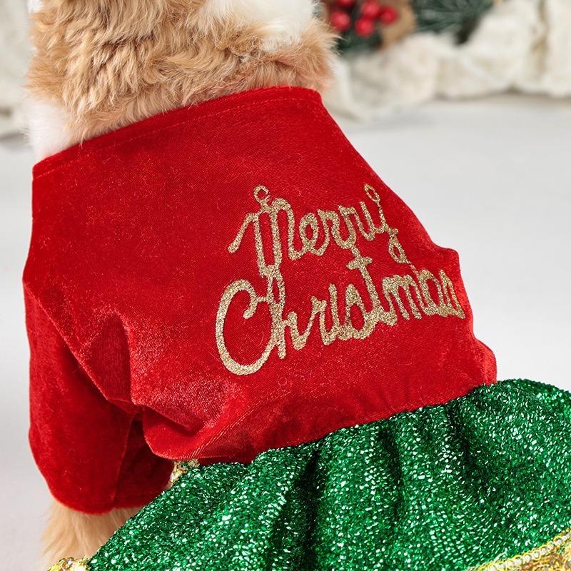 Merry Christmas Print Fine Sequined Mesh Dress Pet Clothes Colorful Princess Skirt Christmas Party Costume Dog Cosplay Clothes