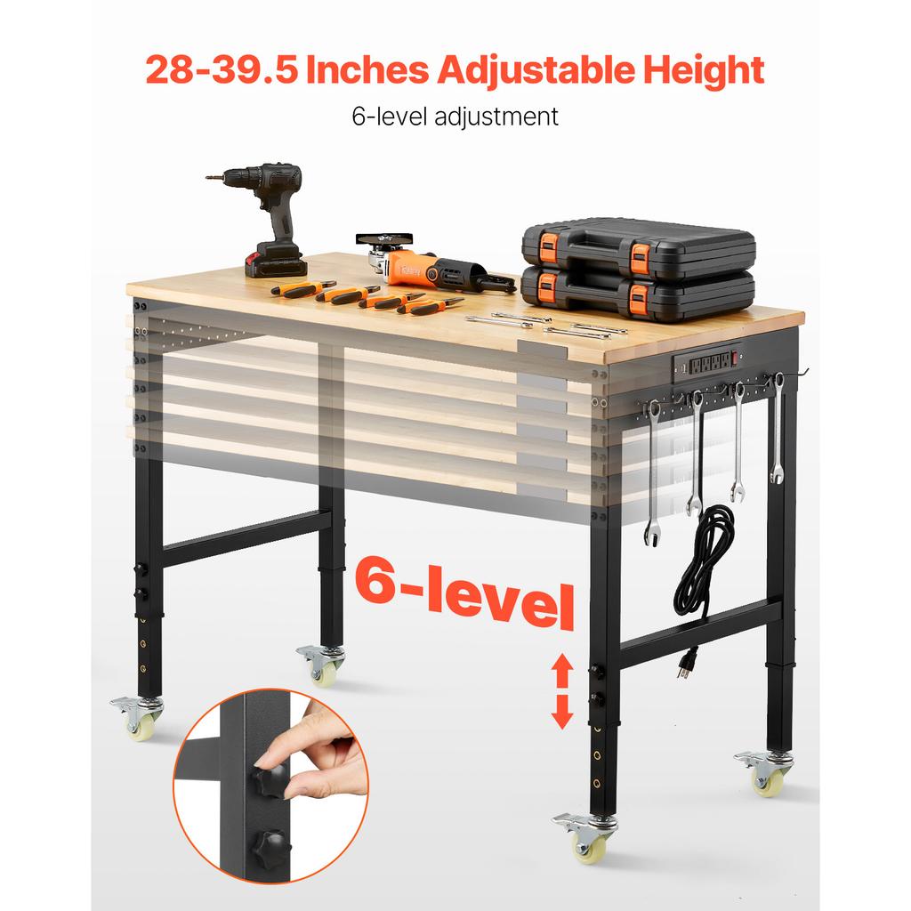 SucceBuy 48-Inch Adjustable Workbench 2000 lbs Load Work Bench with Power Outlet Wheels and Pegboard for Garage Workshop Home
