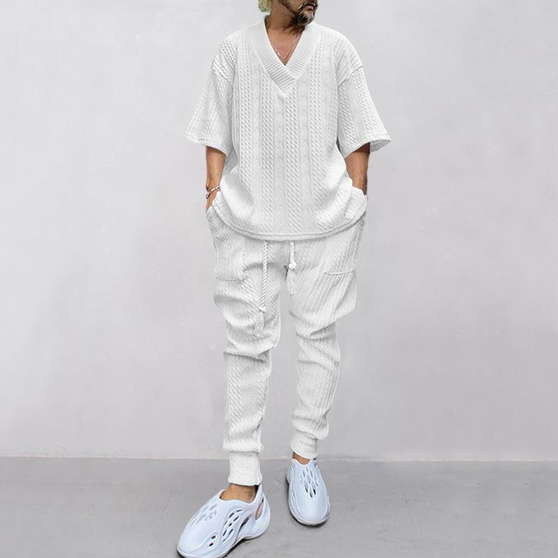 Men's Spring Loose Casual Set Seven Sleeve Knit Top + Long Pants Two Piece Set