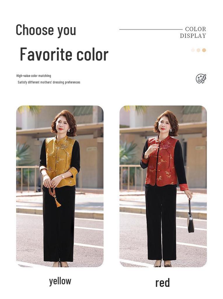 Gold Velvet Spring Suit: Chinese Style Three-Piece Set for Middle-Aged and Elderly Women