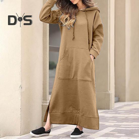 Kvinner Høst Vinter Ensfarget sweatshirtkjole Hette med snøring Langermet frontlomme sidesplitt maxikjole