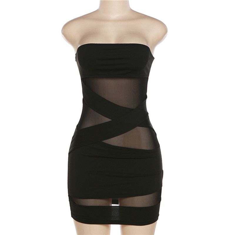

Fashion Sexy See-through Chest Wrap Silm Sheath Dress Short Skirt Sexy Bodycon Mini Dress Black M