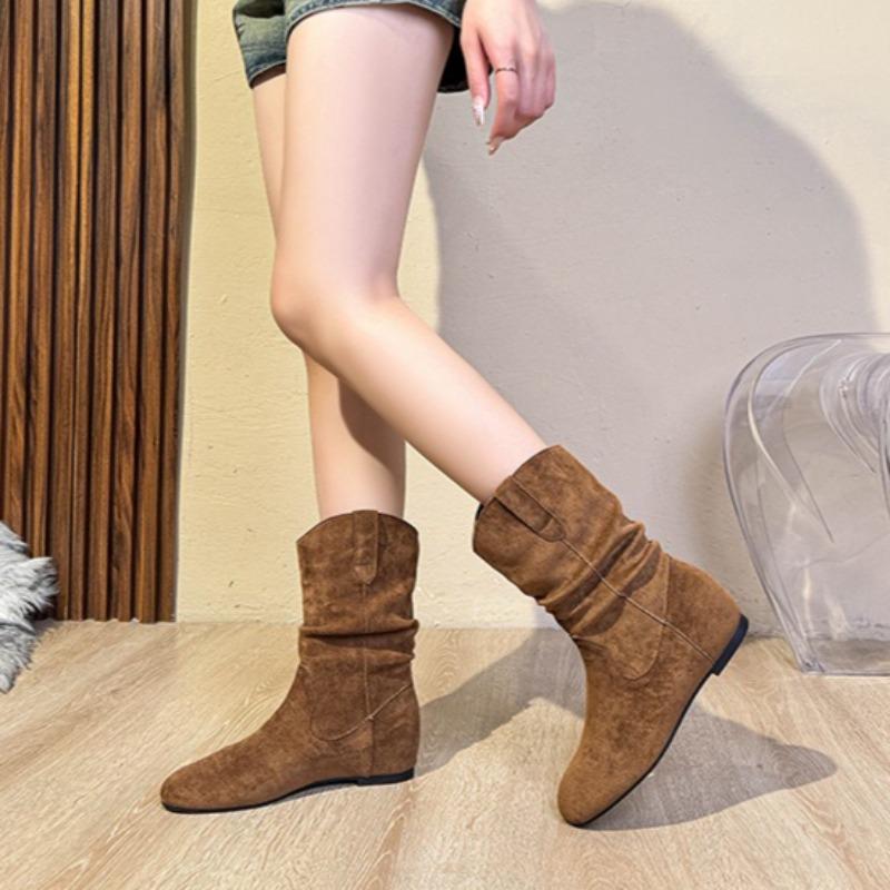 Retro Ankle Boots Pleated Slouch Boots Wedge Heels Soft-soled Western Cowboy Boots Round Toe Winter Boots
