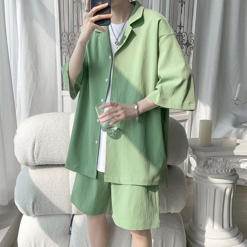 Men's Hong Kong Style Casual Short Sleeve Shirt & Loose Sports Shorts Two-Piece Set